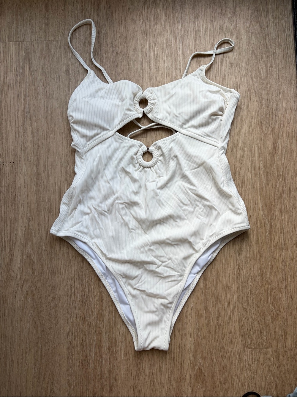 Shade & Shore Cream Ribbed One-Piece Swimsuit with Front Ring Cutouts